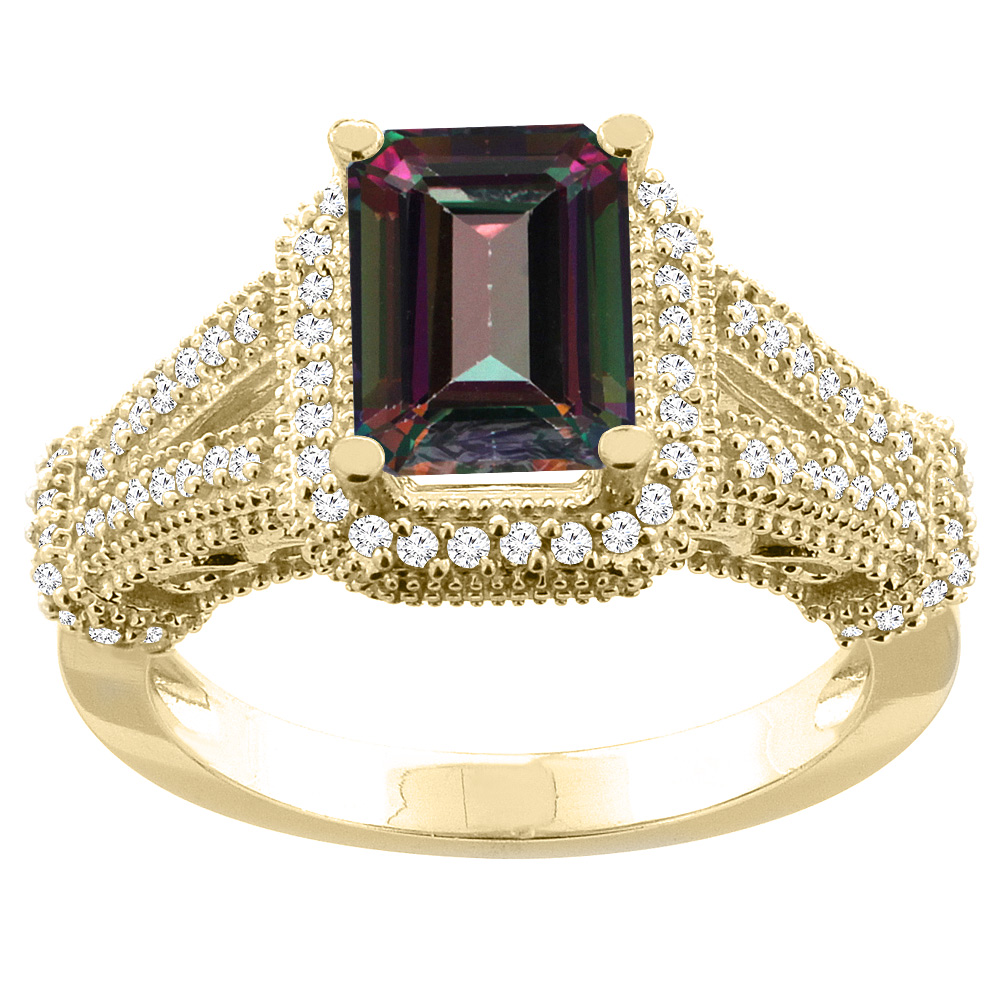 14K White/Yellow/Rose Gold Natural Mystic Topaz Ring Octagon 8x6mm Diamond Accent, sizes 5-10