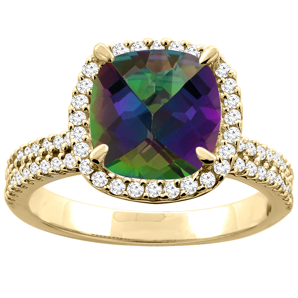 14K Yellow Gold Natural Mystic Topaz Halo Ring Cushion 9x9mm Diamond Accent, sizes 5 - 10