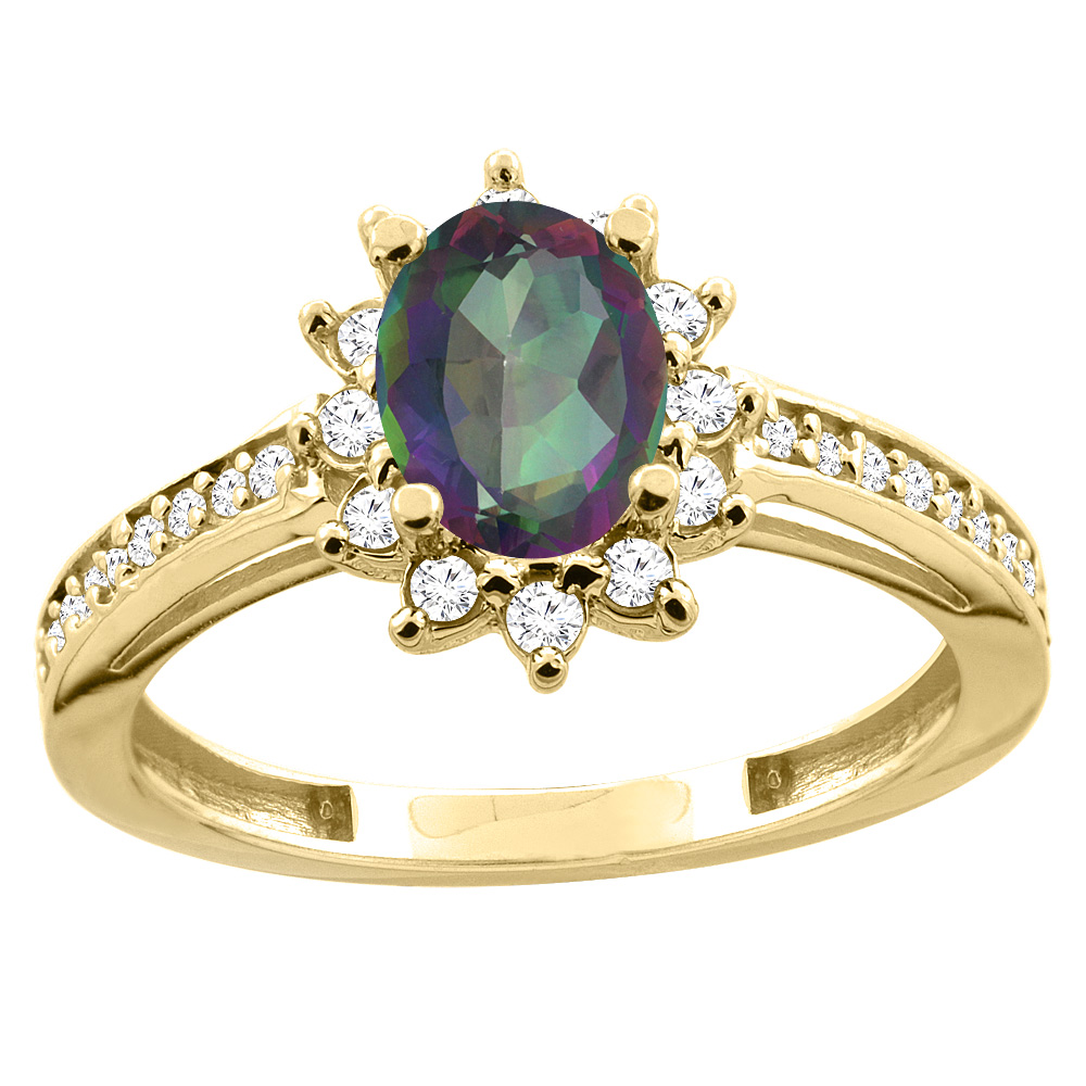 14K White/Yellow Gold Diamond Natural Mystic Topaz Floral Halo Engagement Ring Oval 7x5mm, sizes 5 - 10