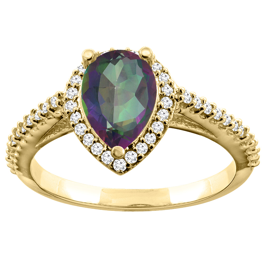 14K Yellow Gold Natural Mystic Topaz Ring Pear 9x7mm Diamond Accents, sizes 5 - 10