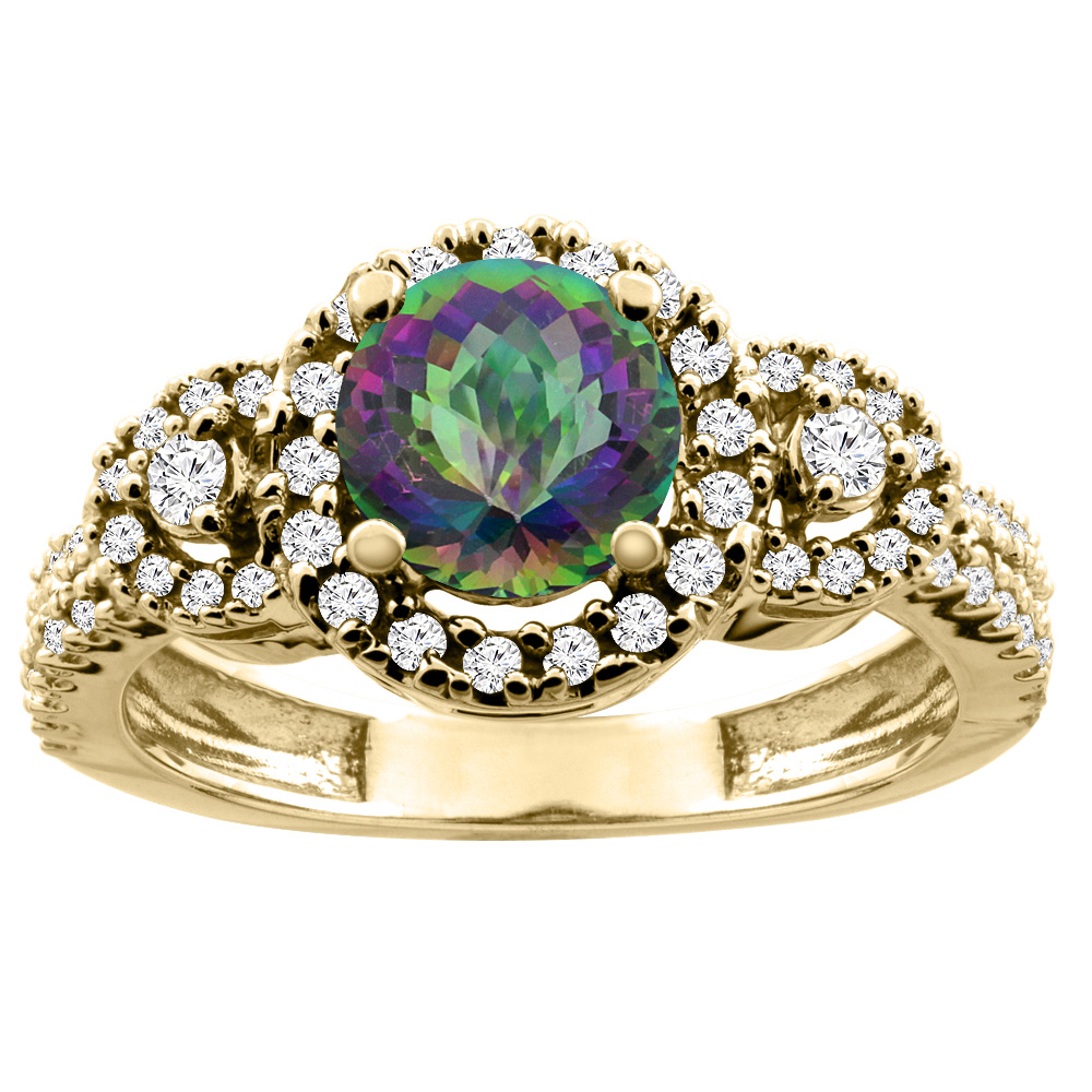 14K White/Yellow Gold Diamond Halo Natural Mystic Topaz Ring Round 6mm, sizes 5 - 10