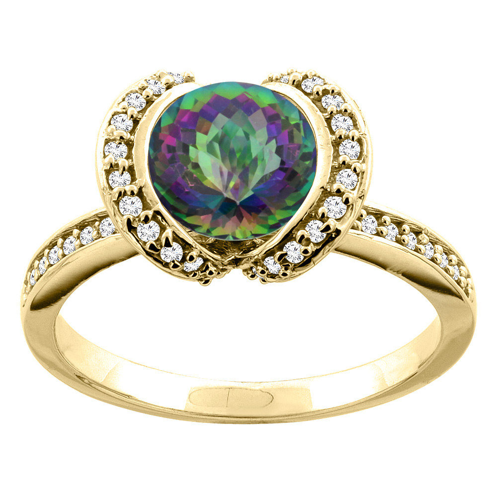 14K White/Yellow Gold Natural Mystic Topaz Ring Round 7mm Diamond Accent, sizes 5 - 10