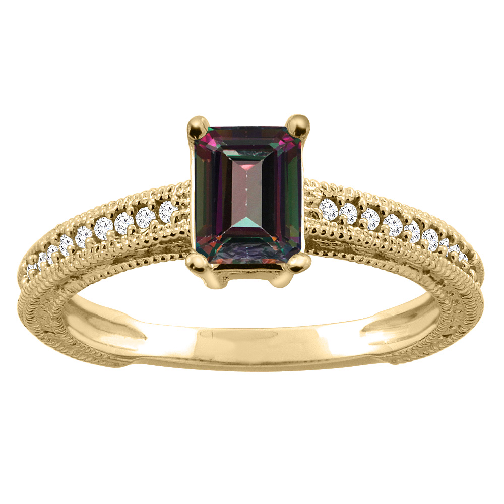 14K Gold Natural Mystic Topaz Engagement Ring Octagon 8x6mm Diamond Accents, sizes 5 - 10