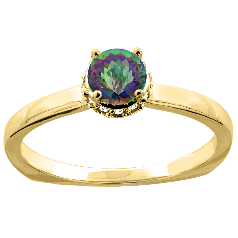 14K Yellow Gold Natural Mystic Topaz Solitaire Engagement Ring Round 4mm Diamond Accents, size 9.5