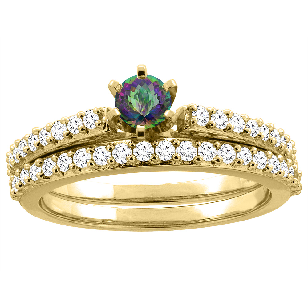 14K Yellow Gold Natural Mystic Topaz 2-piece Bridal Ring Set Round 4mm, sizes 5 - 10