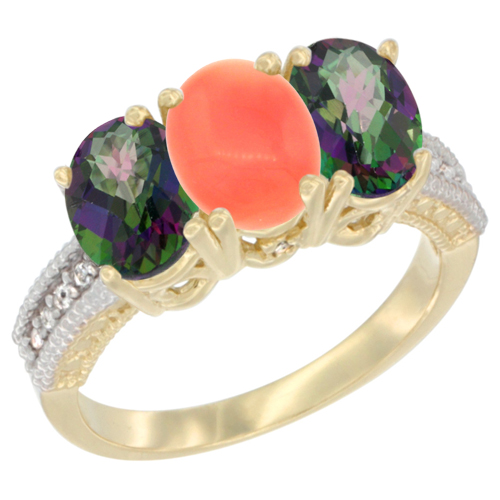 10K Yellow Gold Diamond Natural Coral & Mystic Topaz Ring 3-Stone 7x5 mm Oval, sizes 5 - 10