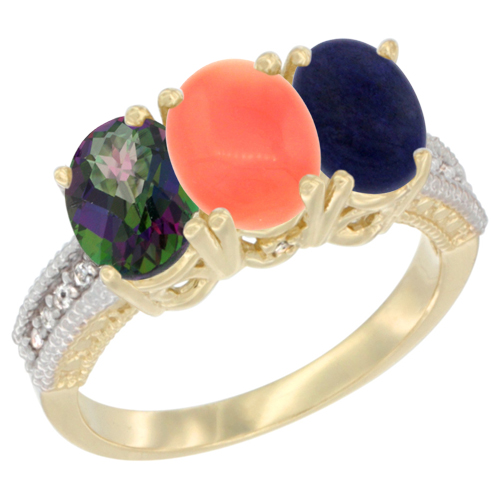 10K Yellow Gold Diamond Natural Mystic Topaz, Coral & Lapis Ring 3-Stone 7x5 mm Oval, sizes 5 - 10