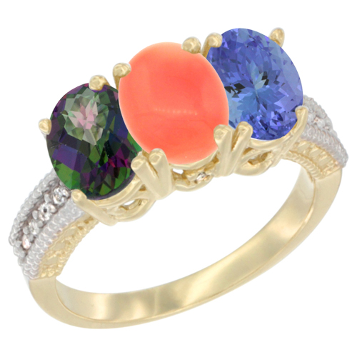 10K Yellow Gold Diamond Natural Mystic Topaz, Coral & Tanzanite Ring 3-Stone 7x5 mm Oval, sizes 5 - 10