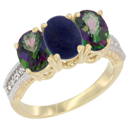 14K Yellow Gold Natural Lapis & Mystic Topaz Sides Ring 3-Stone 7x5 mm Oval Diamond Accent, sizes 5 - 10