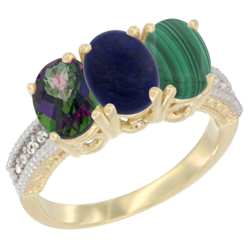 14K Yellow Gold Natural Mystic Topaz, Lapis & Malachite Ring 3-Stone 7x5 mm Oval Diamond Accent, sizes 5 - 10