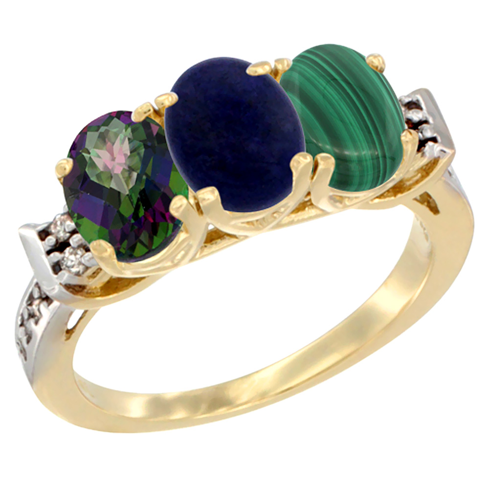 14K Yellow Gold Natural Mystic Topaz, Lapis & Malachite Ring 3-Stone 7x5 mm Oval Diamond Accent, sizes 5 - 10