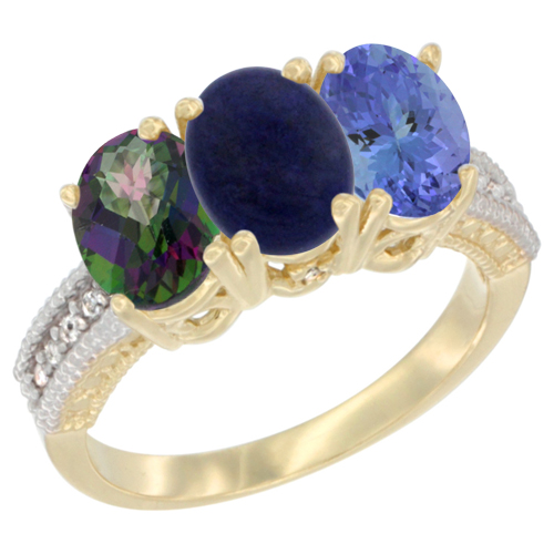 14K Yellow Gold Natural Mystic Topaz, Lapis & Tanzanite Ring 3-Stone 7x5 mm Oval Diamond Accent, sizes 5 - 10