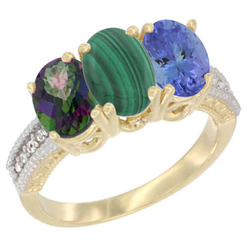 14K Yellow Gold Natural Mystic Topaz, Malachite & Tanzanite Ring 3-Stone 7x5 mm Oval Diamond Accent, sizes 5 - 10