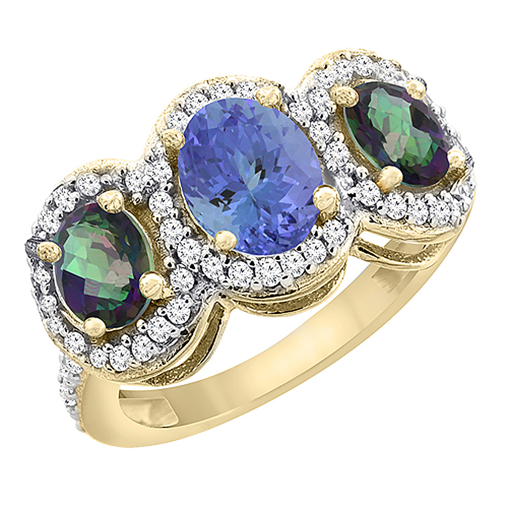 10K Yellow Gold Natural Tanzanite & Mystic Topaz 3-Stone Ring Oval Diamond Accent, sizes 5 - 10
