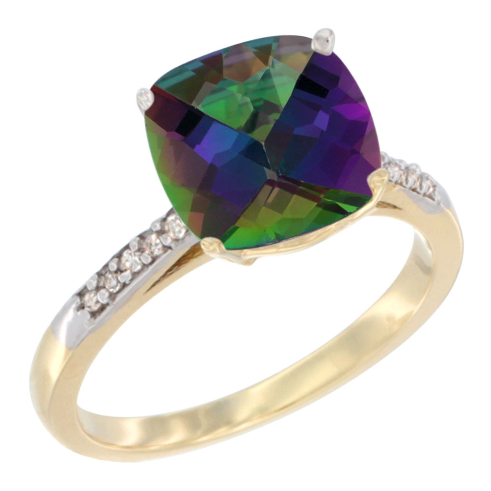 14K Yellow Gold Natural Mystic Topaz Ring 9 mm Cushion-cut Diamond accent, sizes 5 - 10