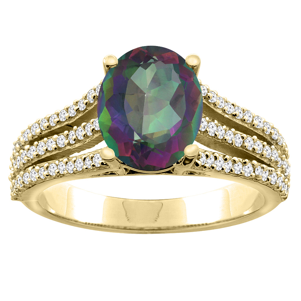 14K White/Yellow Gold Natural Mystic Topaz Tri-split Ring Oval 9x7mm Diamond Accents, sizes 5 - 10