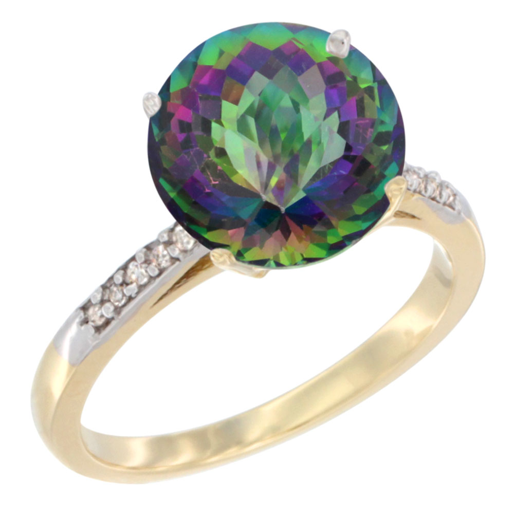 14K Yellow Gold Natural Mystic Topaz Ring Round 10mm Diamond accent, sizes 5 - 10