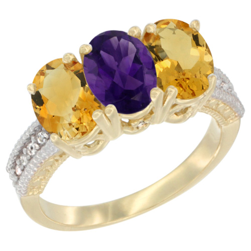10K Yellow Gold Diamond Natural Amethyst & Citrine Ring 3-Stone 7x5 mm Oval, sizes 5 - 10