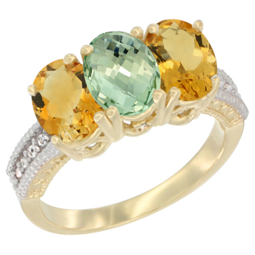 10K Yellow Gold Diamond Natural Green Amethyst & Citrine Ring 3-Stone 7x5 mm Oval, sizes 5 - 10
