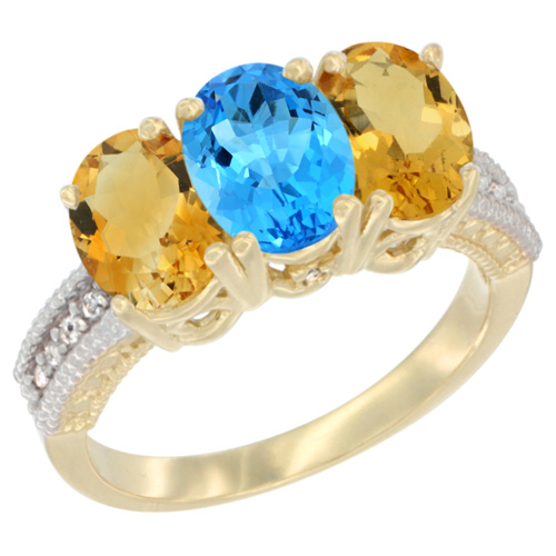 10K Yellow Gold Diamond Natural Swiss Blue Topaz & Citrine Ring 3-Stone 7x5 mm Oval, sizes 5 - 10