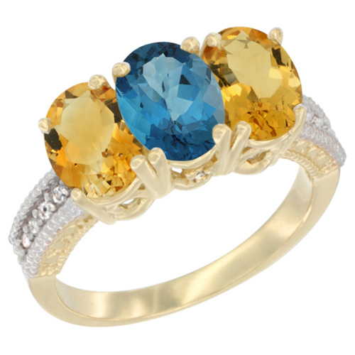 10K Yellow Gold Diamond Natural London Blue Topaz & Citrine Ring 3-Stone 7x5 mm Oval, sizes 5 - 10