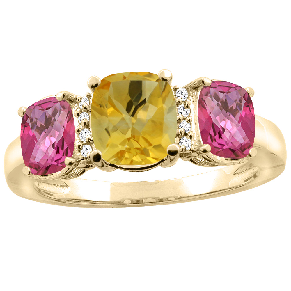 10K Yellow Gold Natural Citrine & Pink Topaz 3-stone Ring Cushion 8x6mm Diamond Accent, sizes 5 - 10