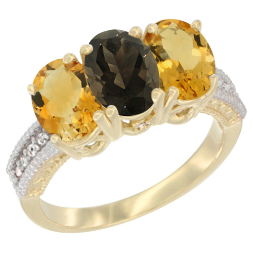 14K Yellow Gold Natural Smoky Topaz & Citrine Sides Ring 3-Stone 7x5 mm Oval Diamond Accent, sizes 5 - 10