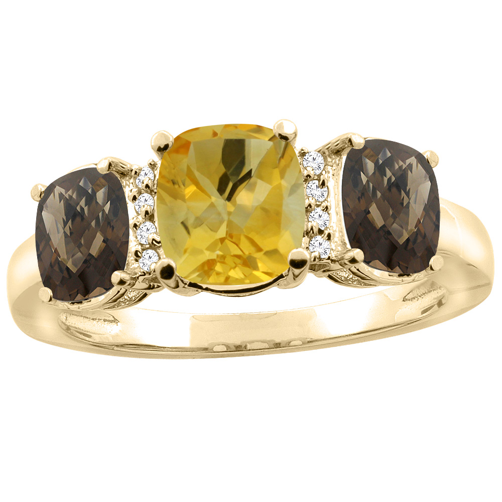 14K Yellow Gold Natural Citrine & Smoky Topaz 3-stone Ring Cushion 8x6mm Diamond Accent, sizes 5 - 10