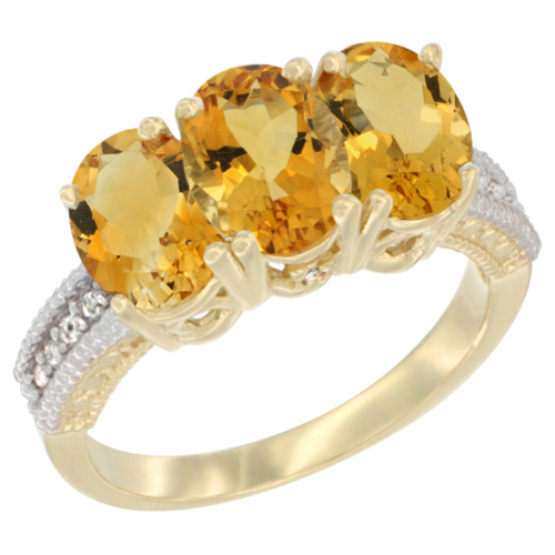 10K Yellow Gold Diamond Natural Citrine Ring 3-Stone 7x5 mm Oval, sizes 5 - 10