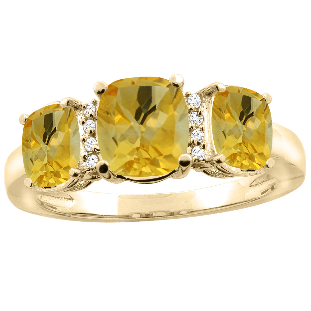 10K Yellow Gold Natural Citrine 3-stone Ring Cushion 8x6mm Diamond Accent, sizes 5 - 10