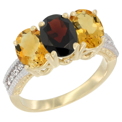 14K Yellow Gold Natural Garnet & Citrine Sides Ring 3-Stone 7x5 mm Oval Diamond Accent, sizes 5 - 10