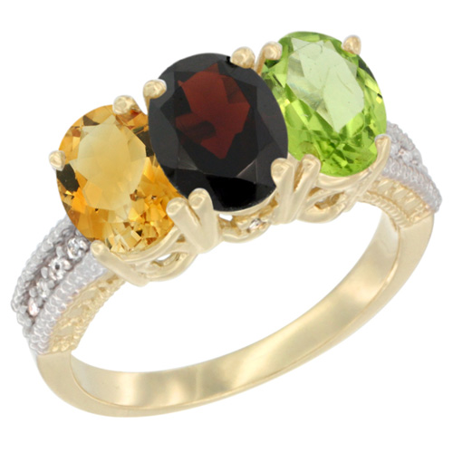 14K Yellow Gold Natural Citrine, Garnet & Peridot Ring 3-Stone 7x5 mm Oval Diamond Accent, sizes 5 - 10