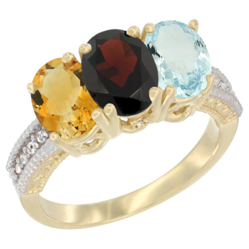 14K Yellow Gold Natural Citrine, Garnet & Aquamarine Ring 3-Stone 7x5 mm Oval Diamond Accent, sizes 5 - 10