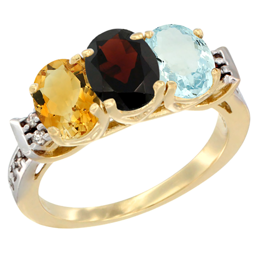 14K Yellow Gold Natural Citrine, Garnet & Aquamarine Ring 3-Stone 7x5 mm Oval Diamond Accent, sizes 5 - 10