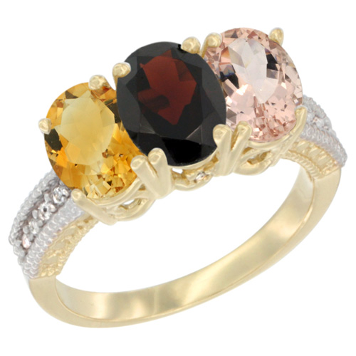14K Yellow Gold Natural Citrine, Garnet & Morganite Ring 3-Stone 7x5 mm Oval Diamond Accent, sizes 5 - 10