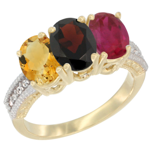 14K Yellow Gold Natural Citrine, Garnet & Enhanced Ruby Ring 3-Stone 7x5 mm Oval Diamond Accent, sizes 5 - 10