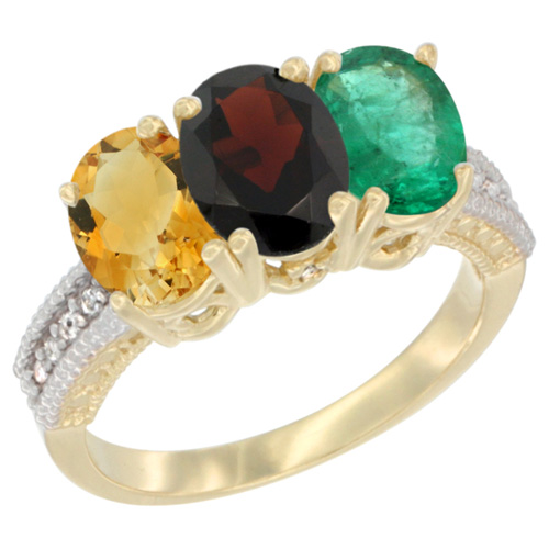 14K Yellow Gold Natural Citrine, Garnet & Emerald Ring 3-Stone 7x5 mm Oval Diamond Accent, sizes 5 - 10