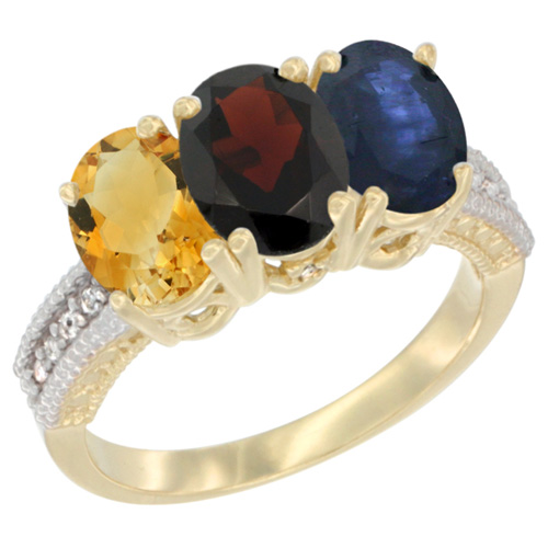 14K Yellow Gold Natural Citrine, Garnet & Blue Sapphire Ring 3-Stone 7x5 mm Oval Diamond Accent, sizes 5 - 10