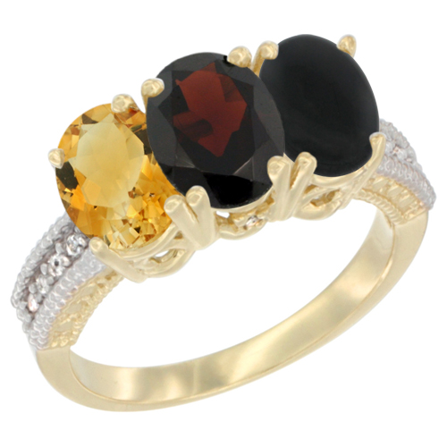 14K Yellow Gold Natural Citrine, Garnet & Black Onyx Ring 3-Stone 7x5 mm Oval Diamond Accent, sizes 5 - 10