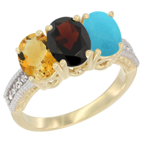 14K Yellow Gold Natural Citrine, Garnet & Turquoise Ring 3-Stone 7x5 mm Oval Diamond Accent, sizes 5 - 10