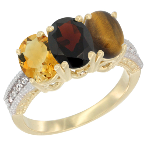 14K Yellow Gold Natural Citrine, Garnet & Tiger Eye Ring 3-Stone 7x5 mm Oval Diamond Accent, sizes 5 - 10