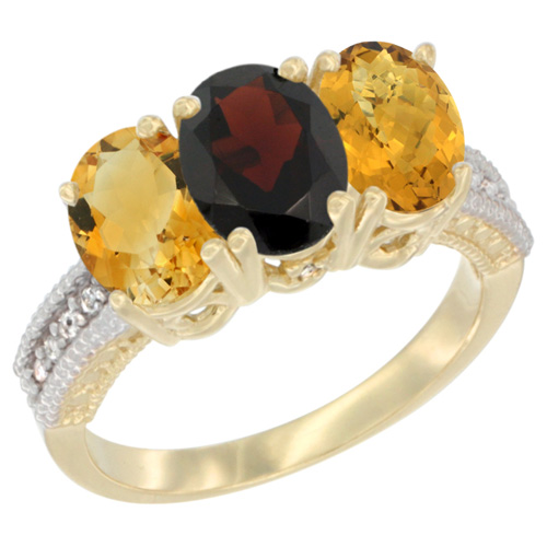 14K Yellow Gold Natural Citrine, Garnet & Whisky Quartz Ring 3-Stone 7x5 mm Oval Diamond Accent, sizes 5 - 10
