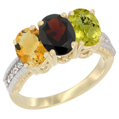 14K Yellow Gold Natural Citrine, Garnet & Lemon Quartz Ring 3-Stone 7x5 mm Oval Diamond Accent, sizes 5 - 10