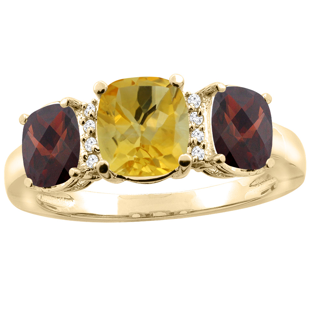 14K Yellow Gold Natural Citrine & Garnet 3-stone Ring Cushion 8x6mm Diamond Accent, sizes 5 - 10