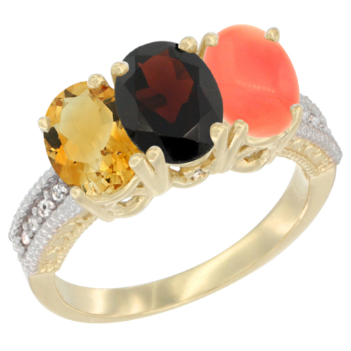 14K Yellow Gold Natural Citrine, Garnet & Coral Ring 3-Stone 7x5 mm Oval Diamond Accent, sizes 5 - 10