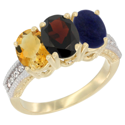 14K Yellow Gold Natural Citrine, Garnet & Lapis Ring 3-Stone 7x5 mm Oval Diamond Accent, sizes 5 - 10