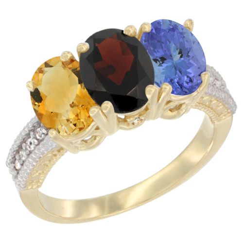 14K Yellow Gold Natural Citrine, Garnet & Tanzanite Ring 3-Stone 7x5 mm Oval Diamond Accent, sizes 5 - 10