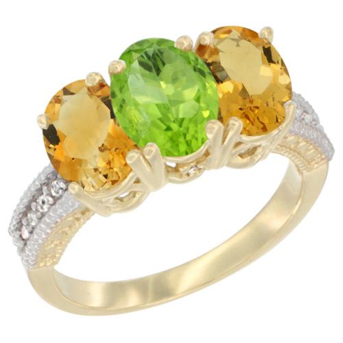 10K Yellow Gold Diamond Natural Peridot & Citrine Ring 3-Stone 7x5 mm Oval, sizes 5 - 10