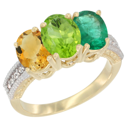 10K Yellow Gold Diamond Natural Citrine, Peridot & Emerald Ring 3-Stone 7x5 mm Oval, sizes 5 - 10
