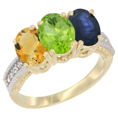 10K Yellow Gold Diamond Natural Citrine, Peridot & Blue Sapphire Ring 3-Stone 7x5 mm Oval, sizes 5 - 10